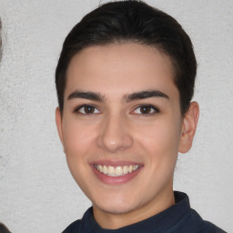 Joyful white young-adult male with medium  brown hair and brown eyes