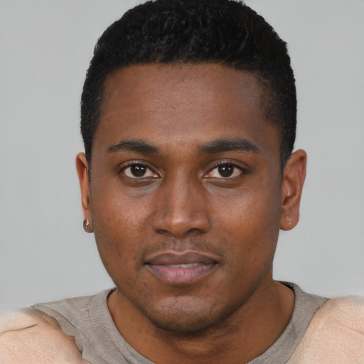 Neutral black young-adult male with short  black hair and brown eyes