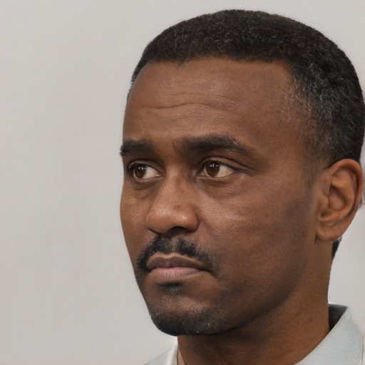 Neutral black adult male with short  black hair and brown eyes