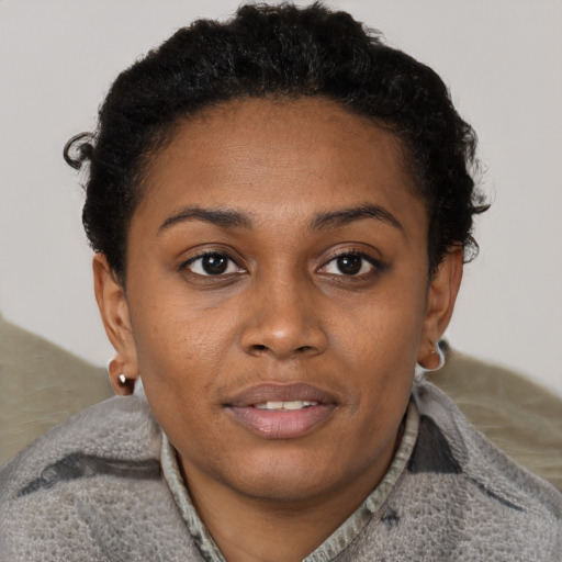 Joyful black young-adult female with short  brown hair and brown eyes