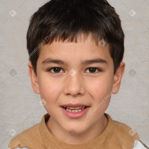 Joyful white child male with short  brown hair and brown eyes