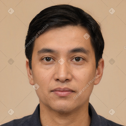 Neutral white young-adult male with short  black hair and brown eyes