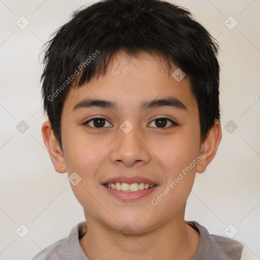 Joyful white child male with short  brown hair and brown eyes