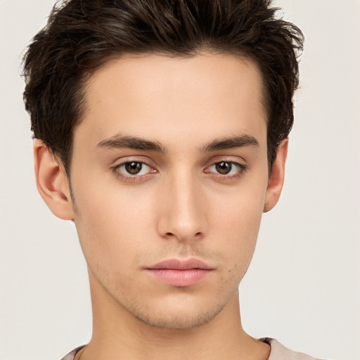 Neutral white young-adult male with short  brown hair and brown eyes