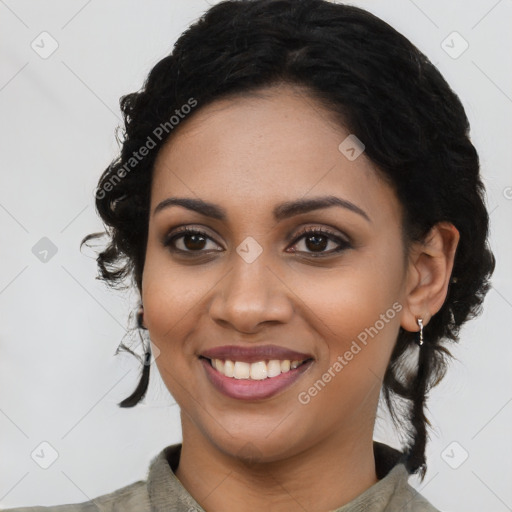 Joyful latino young-adult female with long  black hair and brown eyes