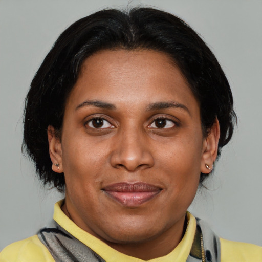 Joyful latino adult female with medium  brown hair and brown eyes