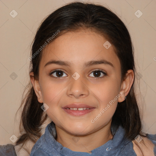 Joyful white child female with medium  brown hair and brown eyes