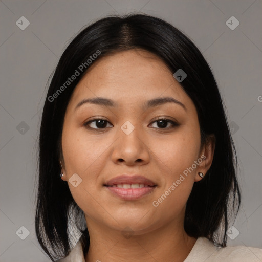 Joyful asian young-adult female with medium  black hair and brown eyes