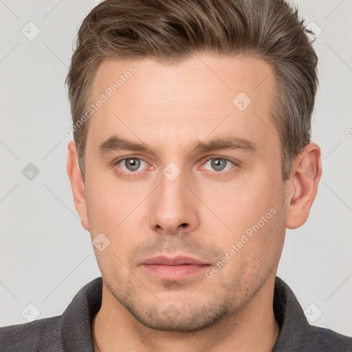 Neutral white young-adult male with short  brown hair and brown eyes