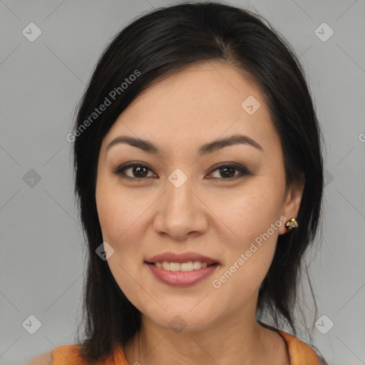 Joyful asian young-adult female with medium  brown hair and brown eyes