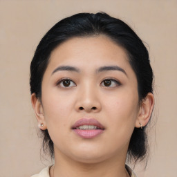 Neutral asian young-adult female with medium  black hair and brown eyes