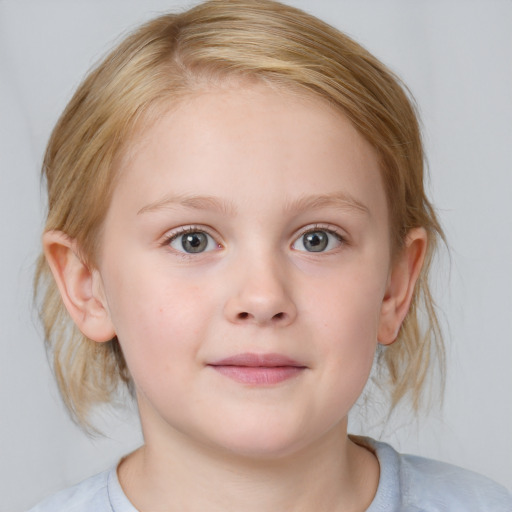 Neutral white child female with medium  brown hair and blue eyes