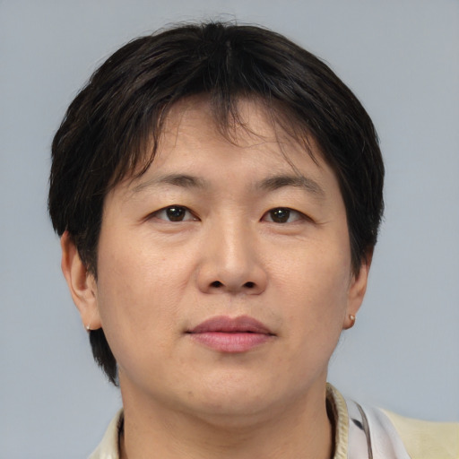 Neutral asian adult male with medium  brown hair and brown eyes
