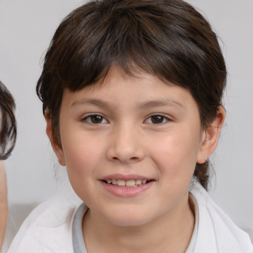 Joyful white child female with medium  brown hair and brown eyes