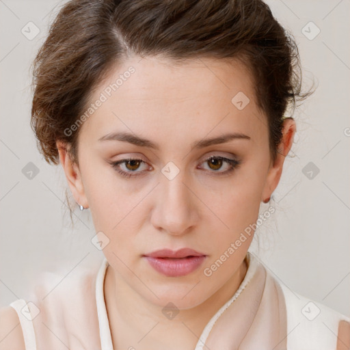 Neutral white young-adult female with short  brown hair and brown eyes