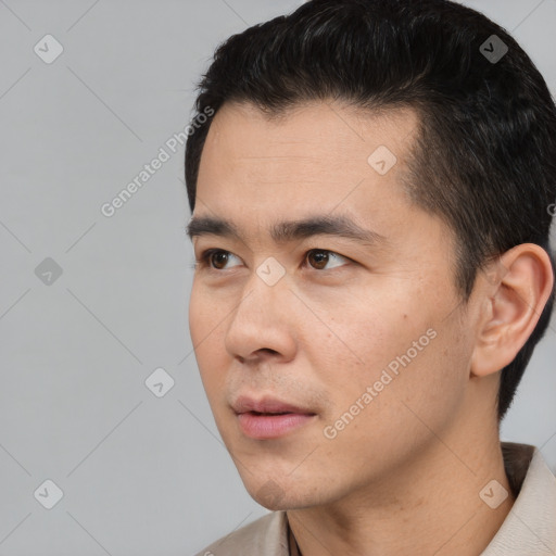 Neutral asian young-adult male with short  black hair and brown eyes