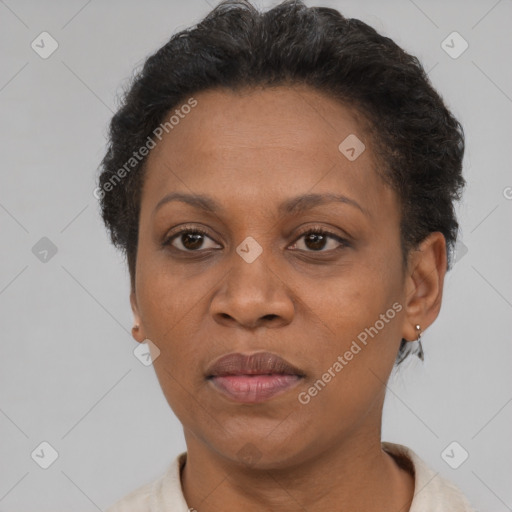 Joyful black adult female with short  brown hair and brown eyes