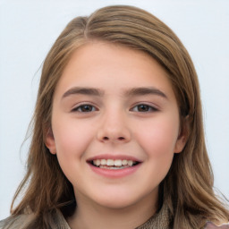 Joyful white child female with long  brown hair and brown eyes