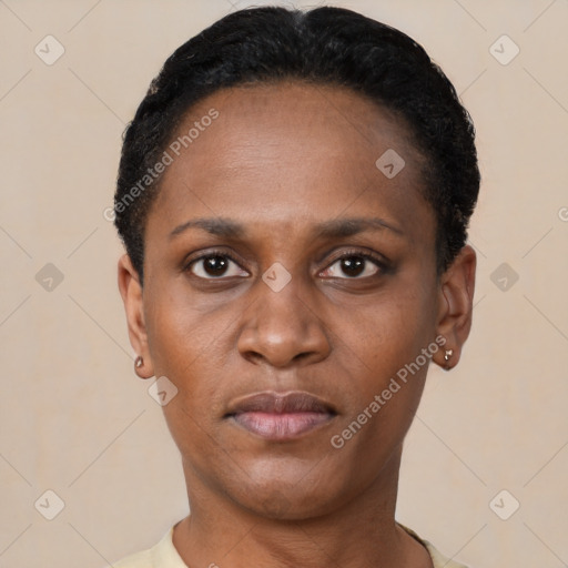 Neutral black young-adult female with short  black hair and brown eyes