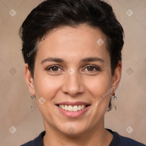 Joyful white young-adult female with short  brown hair and brown eyes