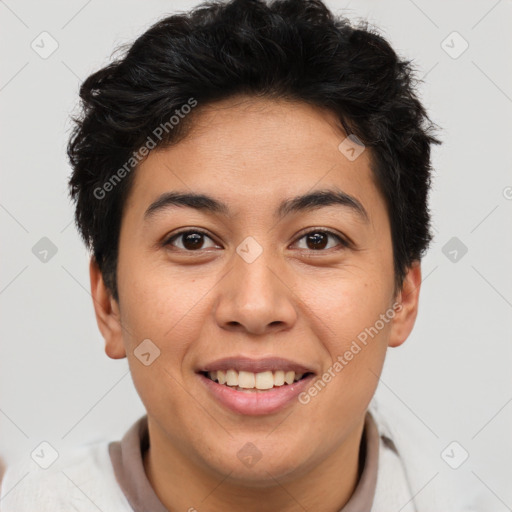 Joyful asian young-adult female with short  brown hair and brown eyes