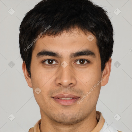 Neutral asian young-adult male with short  brown hair and brown eyes