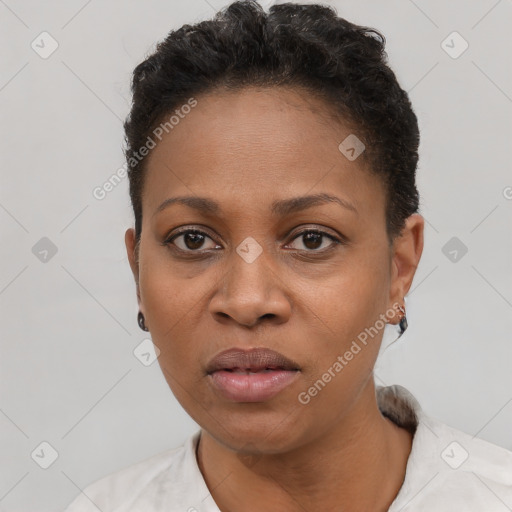 Neutral black young-adult female with short  black hair and brown eyes