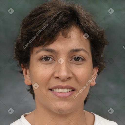 Joyful white adult female with short  brown hair and brown eyes