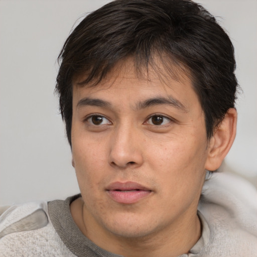 Neutral asian adult male with short  brown hair and brown eyes