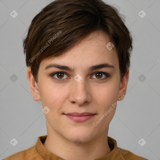 Joyful white young-adult female with short  brown hair and brown eyes