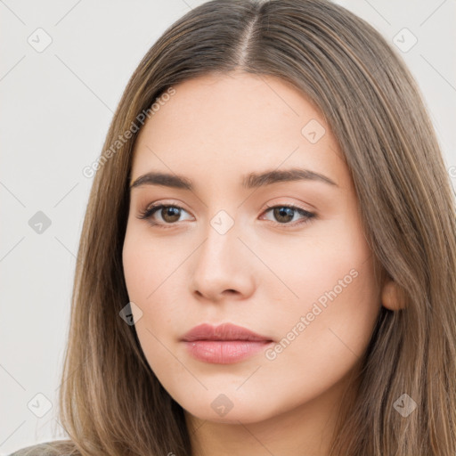 Neutral white young-adult female with long  brown hair and brown eyes