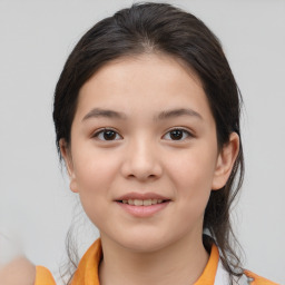 Joyful white child female with medium  brown hair and brown eyes