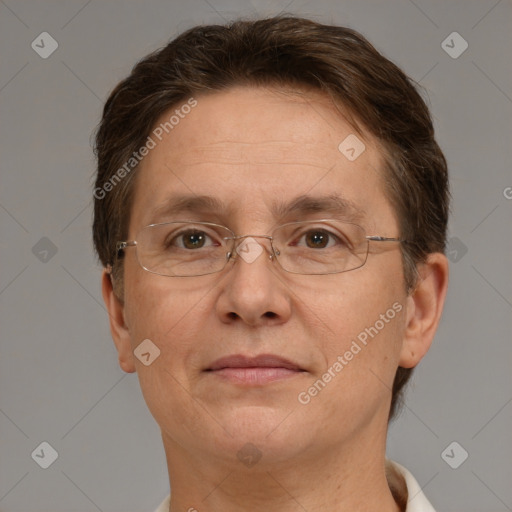 Joyful white adult female with short  brown hair and brown eyes