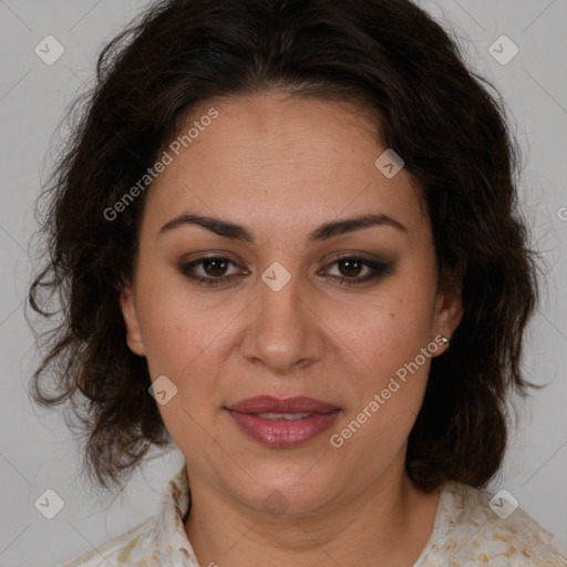 Joyful white adult female with medium  brown hair and brown eyes