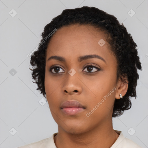 Neutral black young-adult female with short  black hair and brown eyes