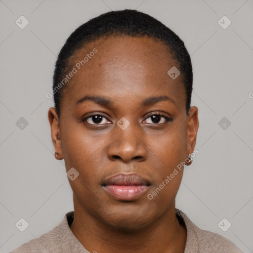 Neutral black young-adult female with short  black hair and brown eyes