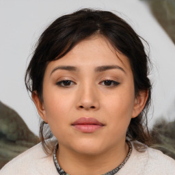 Neutral asian young-adult female with medium  brown hair and brown eyes