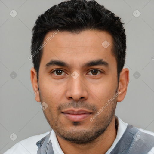 Neutral asian young-adult male with short  black hair and brown eyes