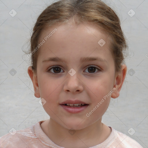 Joyful white child female with short  brown hair and brown eyes