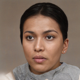 Neutral asian young-adult female with short  brown hair and brown eyes