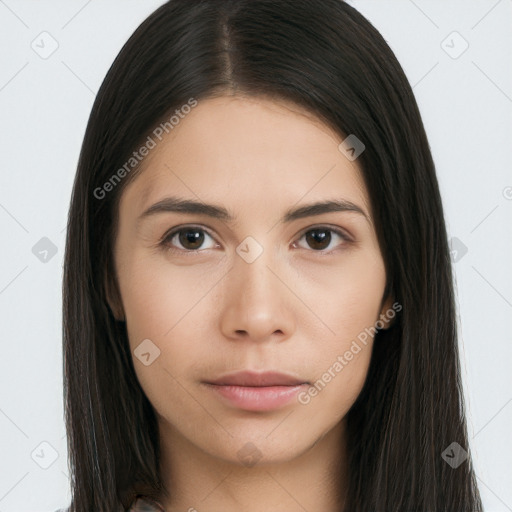 Neutral asian young-adult female with long  brown hair and brown eyes