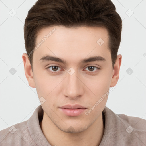 Neutral white young-adult male with short  brown hair and brown eyes