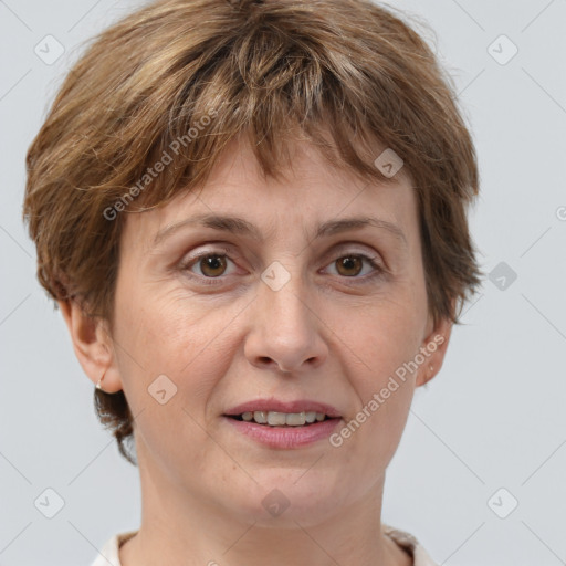 Joyful white adult female with short  brown hair and grey eyes