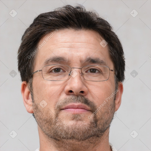 Neutral white adult male with short  brown hair and brown eyes