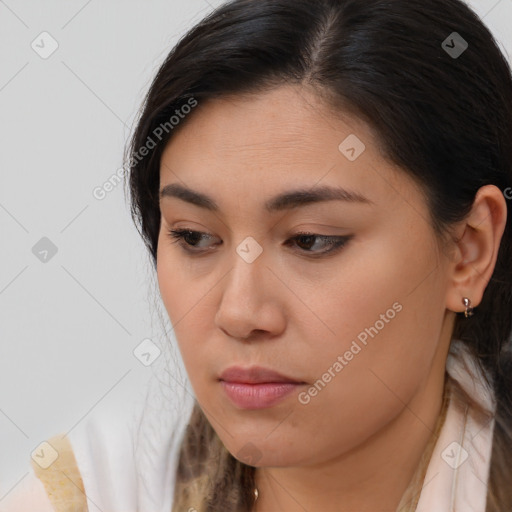 Neutral white young-adult female with long  brown hair and brown eyes