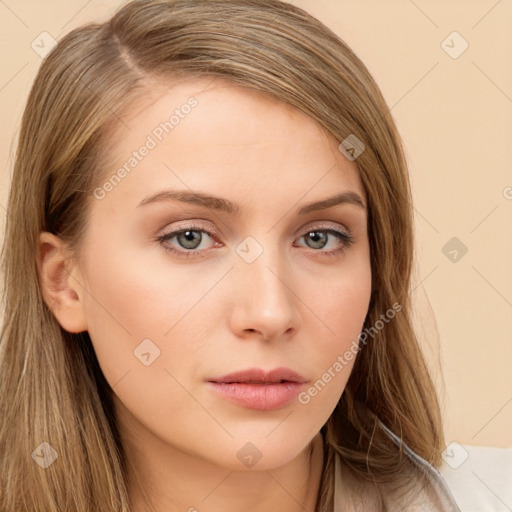 Neutral white young-adult female with long  brown hair and brown eyes