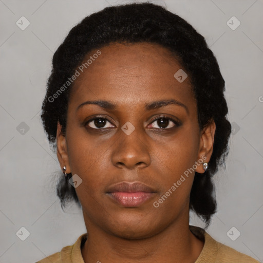 Neutral black young-adult female with short  black hair and brown eyes