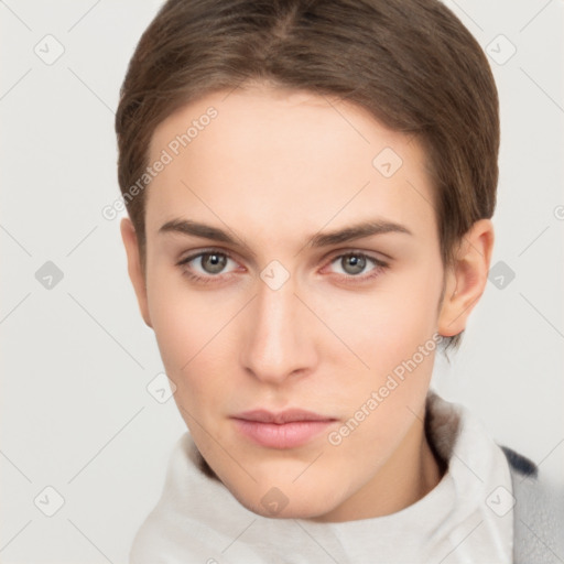 Neutral white young-adult female with short  brown hair and brown eyes