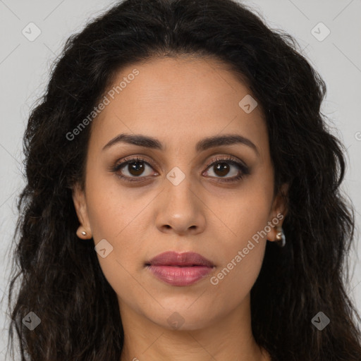 Joyful latino young-adult female with long  brown hair and brown eyes