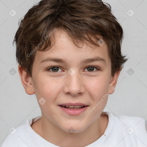 Joyful white child male with short  brown hair and brown eyes